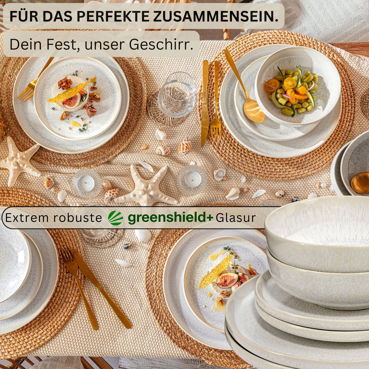 TAFELSERVICE KORFU - 36 teilig aus Steingut 12 Personen - Creme, Stein (27.5/5/27.5cm) - Sänger