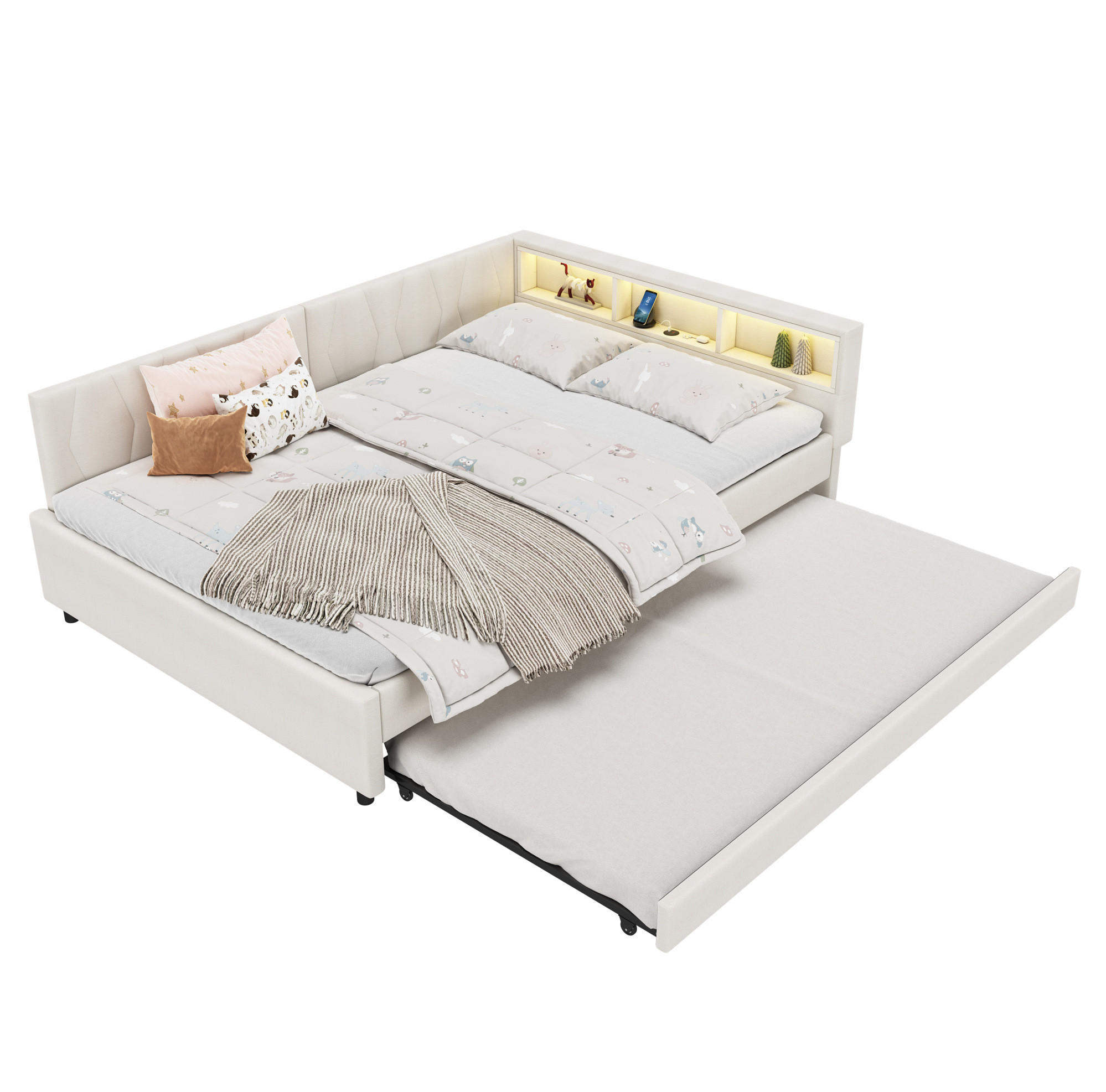 BETT 140/200 cm mit Kopfteil, USB-C und LED – inkl. Lattenrost, Beige - Beige, Textil (140/200cm) - BEAOK