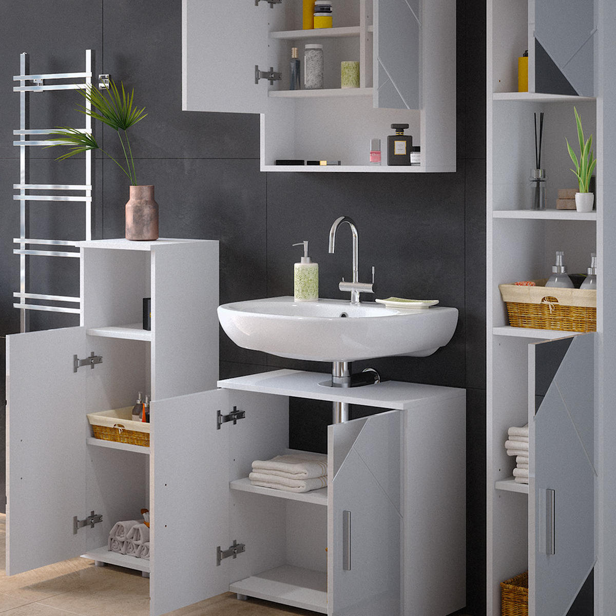BADMÖBEL-SET Irma Weiß Hochglanz mit Einsätzen 4 Teile mit Hochschrank - Weiß Hochglanz, Holzwerkstoff (80/58.6/41cm) - Vicco