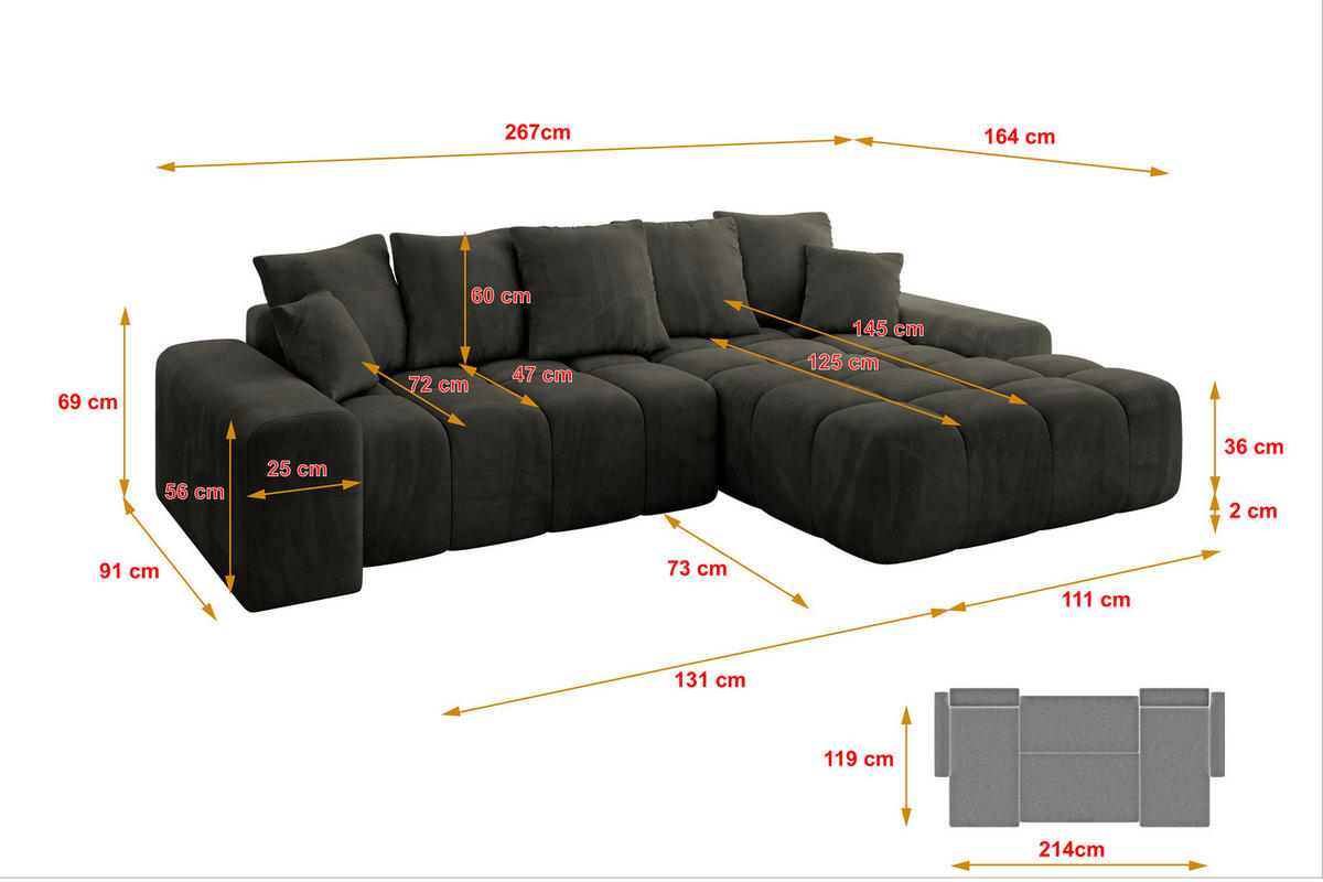 ECKSOFA Ottomane Rechts ENSI-L - 267x164x88 cm Schwarz - Schwarz, Holzwerkstoff/Kunststoff (164/267cm) - ALTDECOR