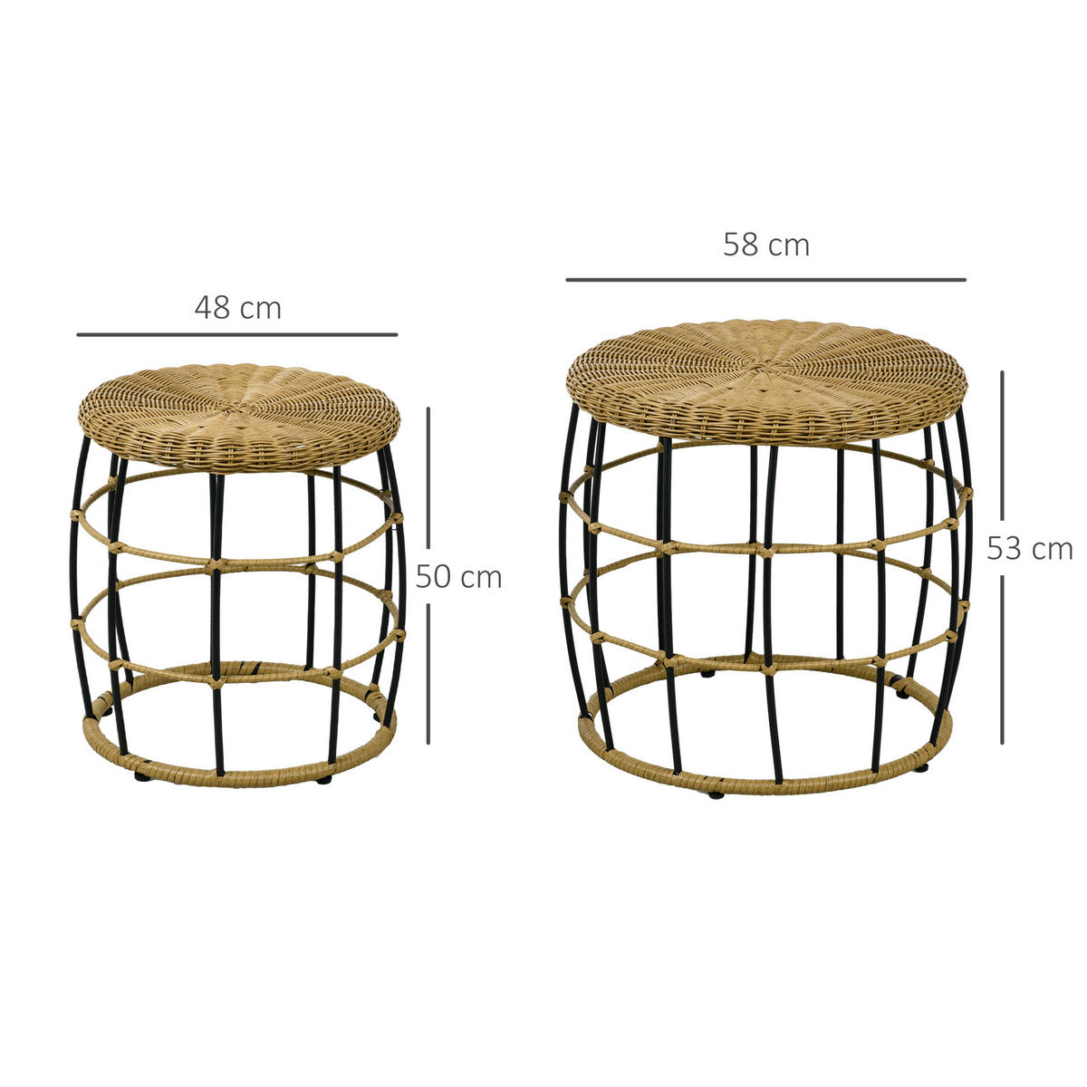 RATTAN Beistelltisch 2er-Set, für Garten, Balkon, Stahl, Khaki - Naturfarben, Kunststoff (58/58/53cm) - Outsunny