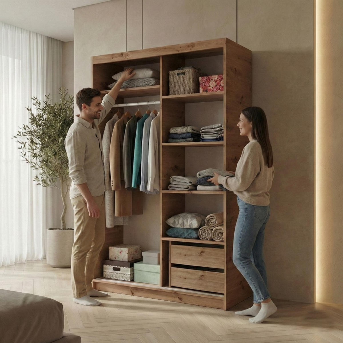 SCHWEBETÜRENSCHRANK Hela 100/205/60 2-türig eiche Artisan mit Schubladen - Eiche Artisan, Holzwerkstoff (100/205/60cm) - Beautysofa