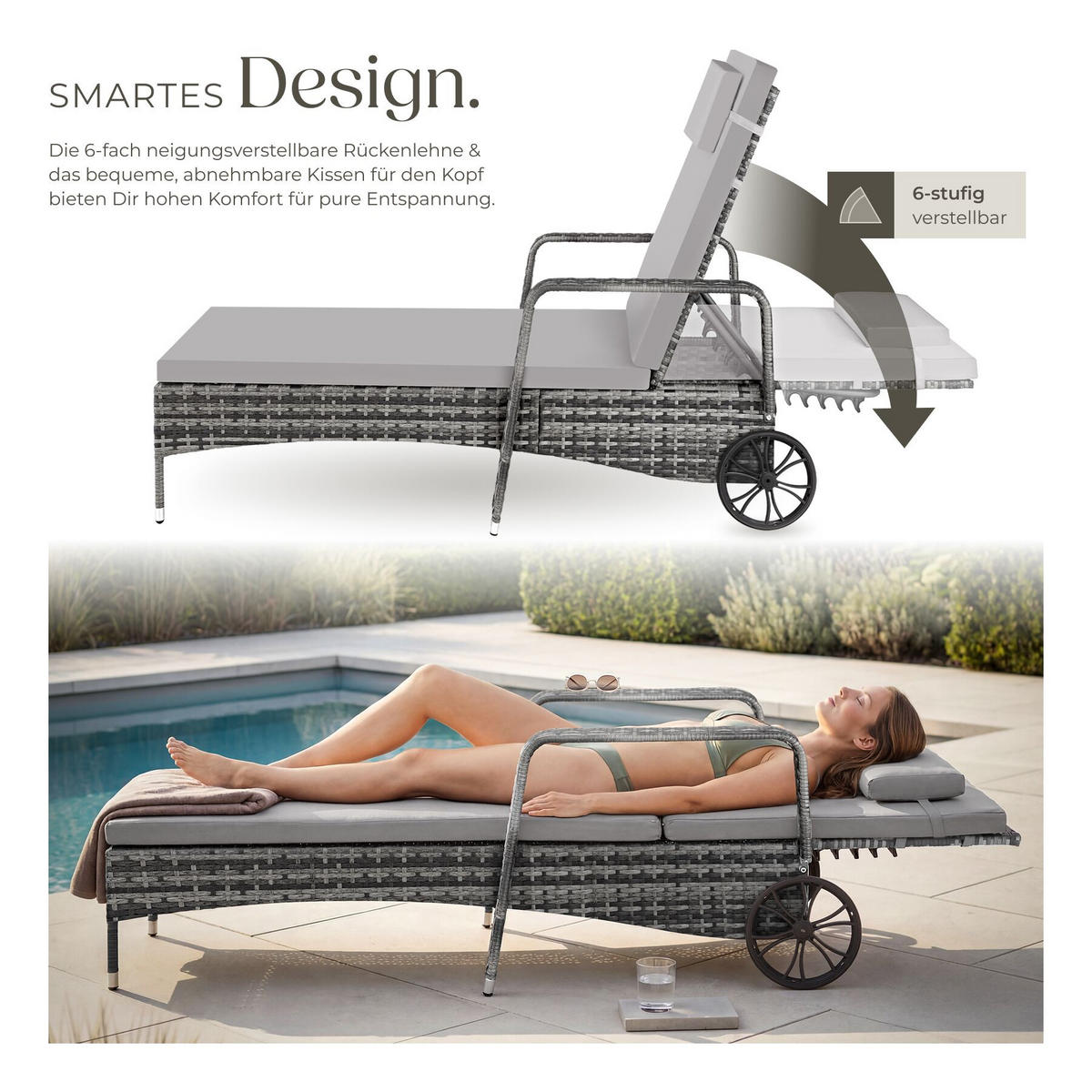 RATTAN-SONNENLIEGE, 200 x 70 x 33 cm, grau/hellgrau - Grau, Kunststoff (70/33/200cm) - tectake
