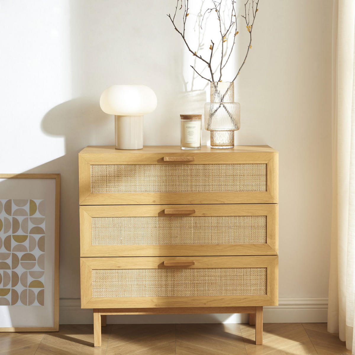 KOMMODE mit 3 Schubladen aus Holz und Geflecht, L85cm - June - color_light_wood - Eschefarben, Holz (85/85/40cm) - Drawer