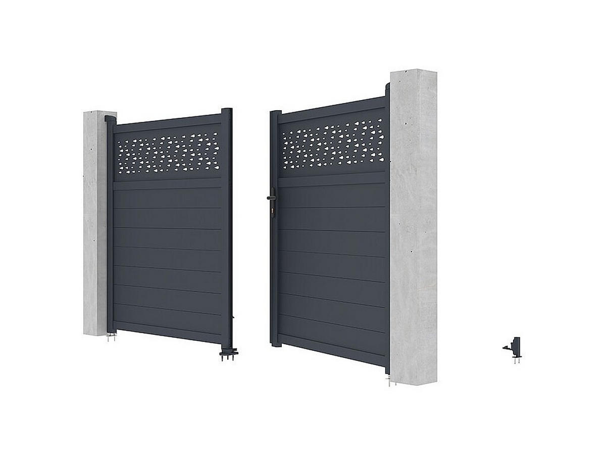 GARTENTOR Flügeltor mit Torantrieb - 355 x 181 cm - Aluminium - Halbvoll mit Muster - Anthrazit - BAZIO - Anthrazit, Metall (350/176cm) - Vente-Unique