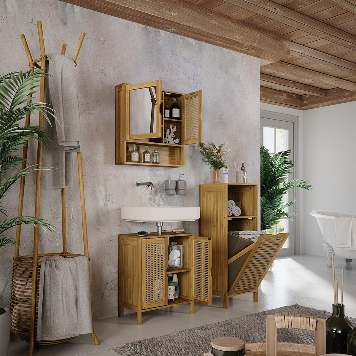 SADA KOUPELNOVÉHO NÁBYTKU Liora Bambus - zelená barva, kompozitní dřevo (48/60/29cm) - Vicco