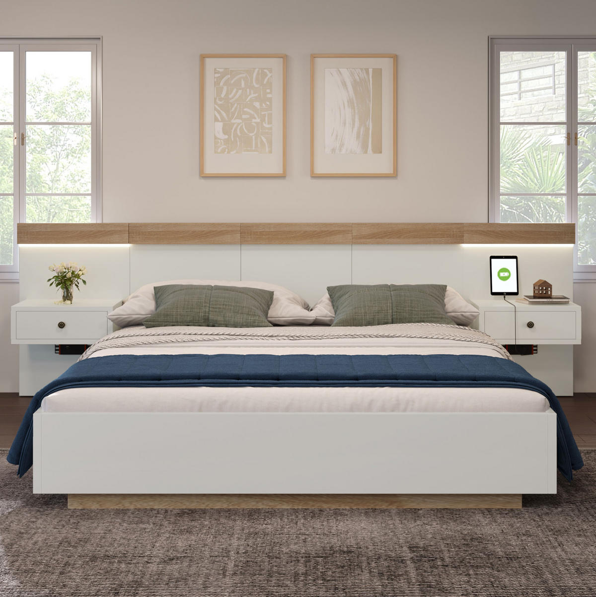 BETT 140/200 cm mit Kopfteil, 2 LED-Nachtkommoden & USB/Typ-C – Sonoma-Eiche/Weiß - Weiß, Holzwerkstoff (140/200cm) - BEAOK