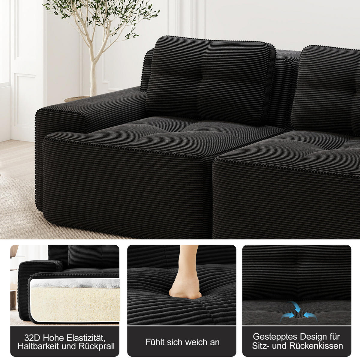 SOFA aus Cordstoff mit Tiefsitz Modulares für Wohnzimmer, schwarz - Schwarz, Textil (104/69/204cm) - Luhomfu