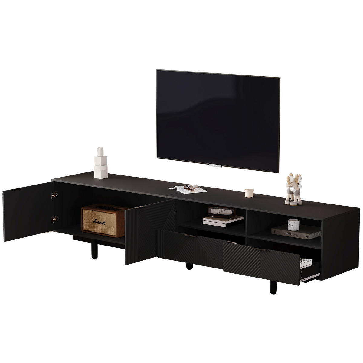 TV-LOWBOARD 200/40/51 cm mit Stauraum, Kabeldurchlass und 2 Türen aus Spanplatte, geometrisches Design, Schwarz - Schwarz, Holzwerkstoff (200/51/40cm) - Redom