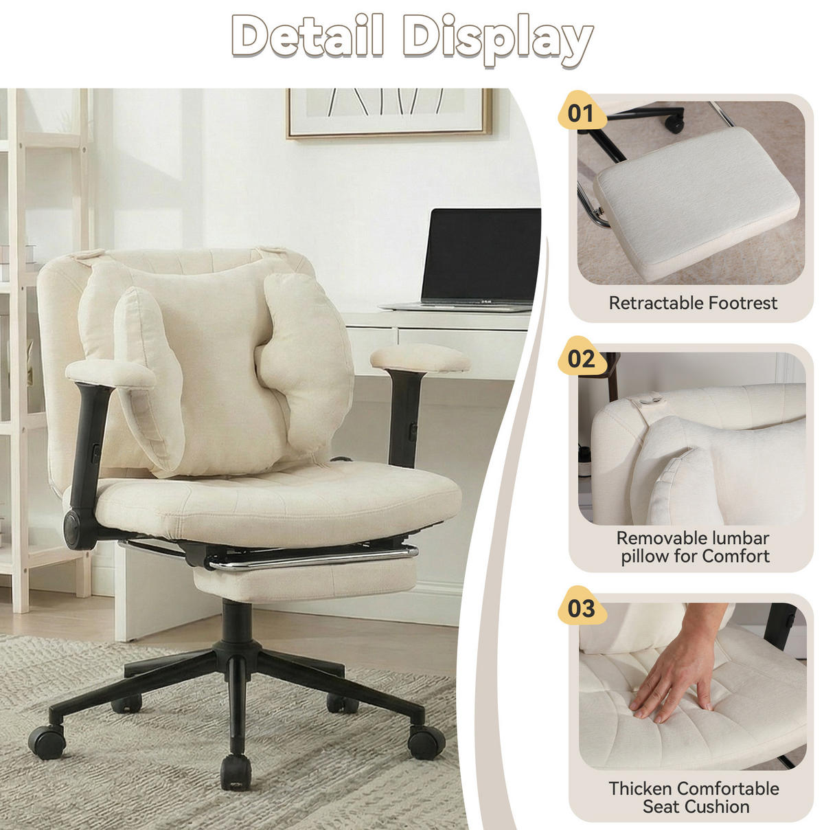 BÜROSTUHL in Beige 55x80x86 cm mit Drehfunktion und verstellbarem Lendenkissen - Beige, Textil (80/86/55cm) - IVMEU