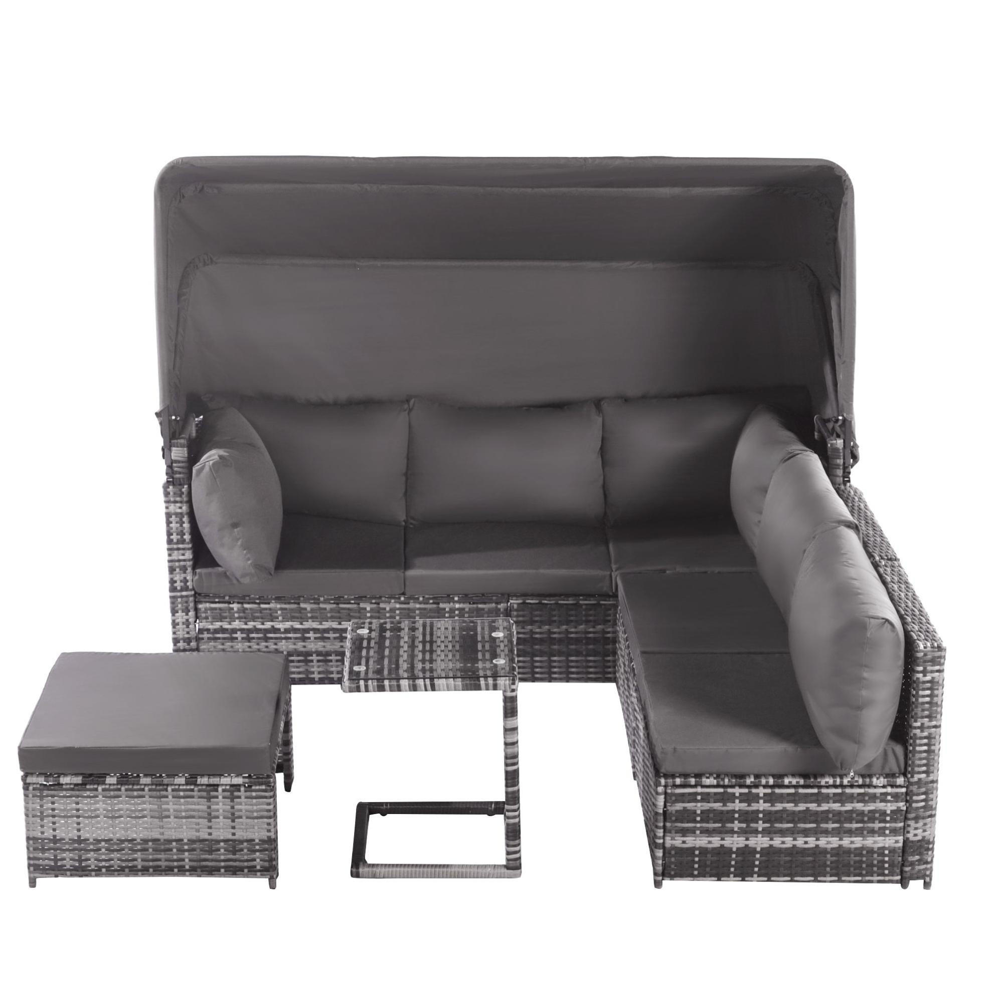 GARTENLOUNGE 194/70/157 cm grau aus Rattan mit Sonnendach - Grau, Kunststoff - OKWISH