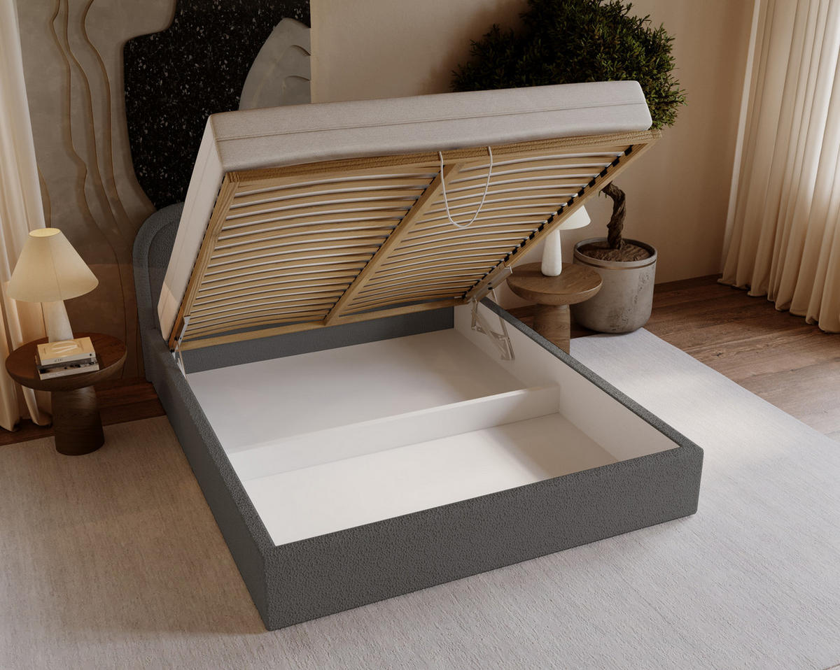 DOPPELBETT 200x200 Dune mit Bettkasten, runde Kopfteil, Bouclé, Dunkelgrau - Dunkelgrau, Holz/Textil (200/200cm) - Emporius