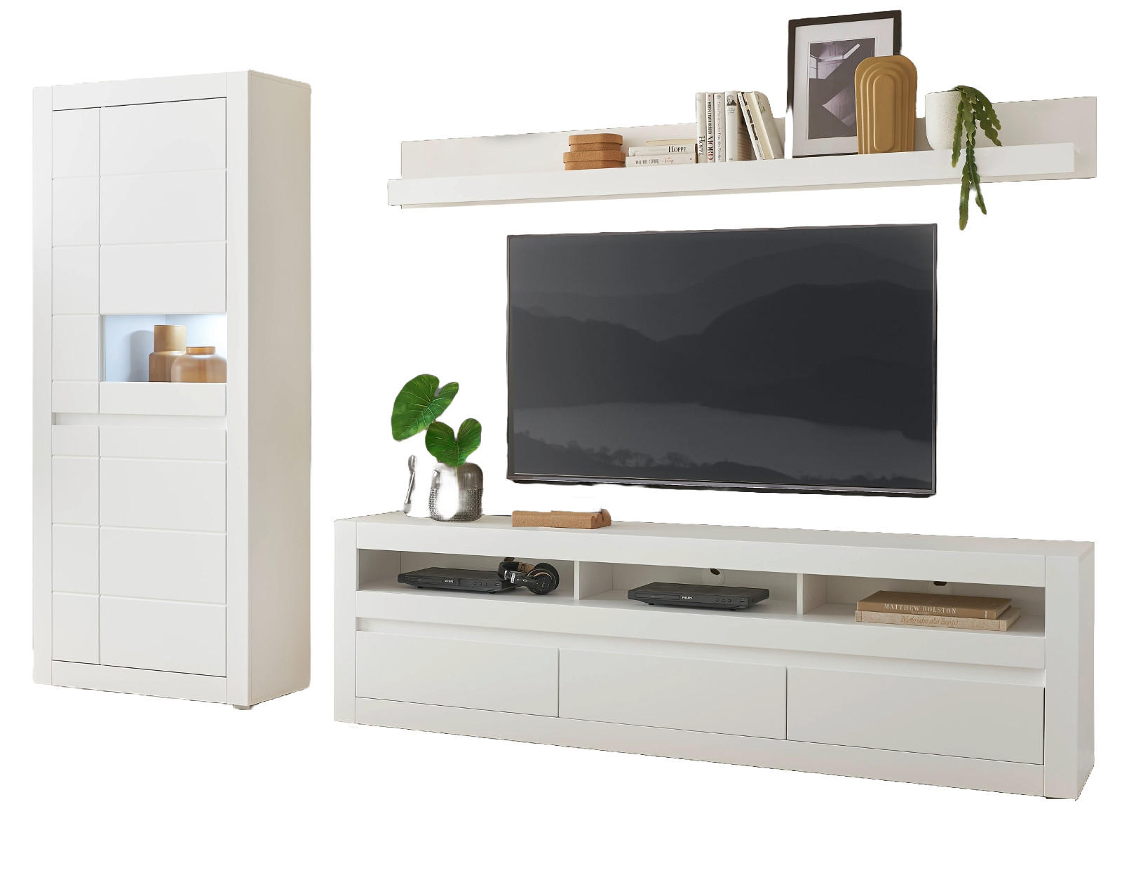 WOHNWAND weiß matt, Evoke Eiche, Wohnkombination 3-teilig, Soft-Close-Funktion - Eichefarben/Silberfarben, Holz/Holzwerkstoff (312/198/42cm) - Furn.Design