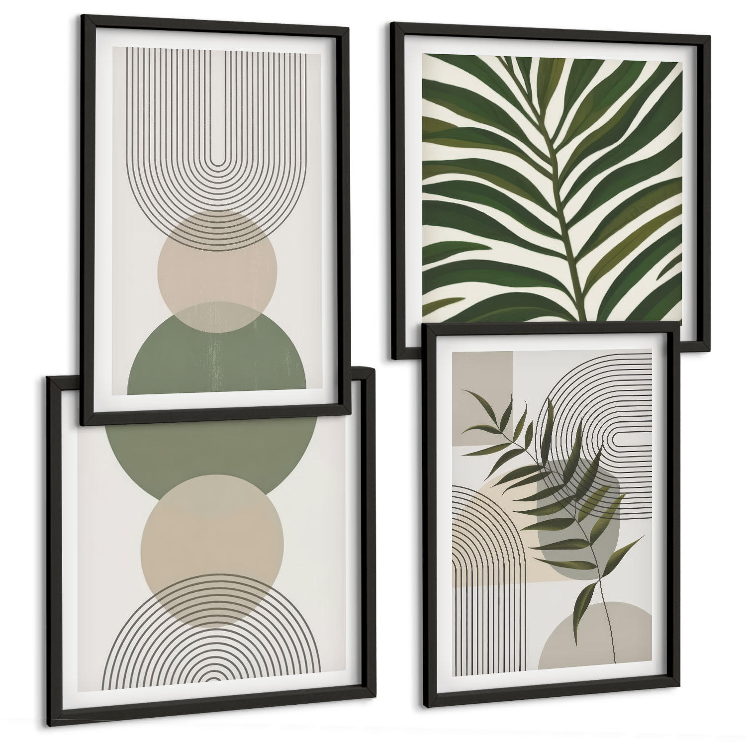 BILDER SET 4er Set - 50x50 cm & 40x60 cm Schwarzer Rahmen - Abstrakte Blätter im Boho-Stil - Schwarz, Kunststoff (50/50cm) - TULUP