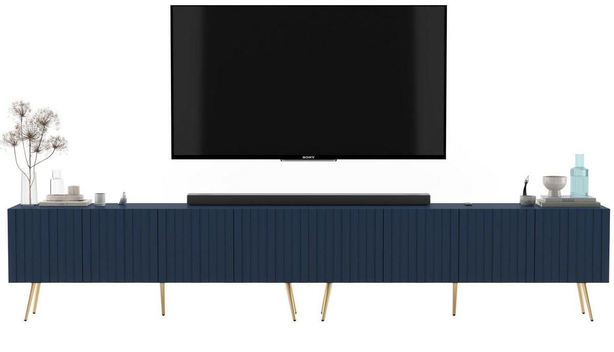 TV-LOWBOARD 2-er Set Elpis Marineblau mit goldenen Metallbeinen 150 cm - Blau/Goldfarben, Holzwerkstoff (300/60.5/36.5cm) - Meble Lindner