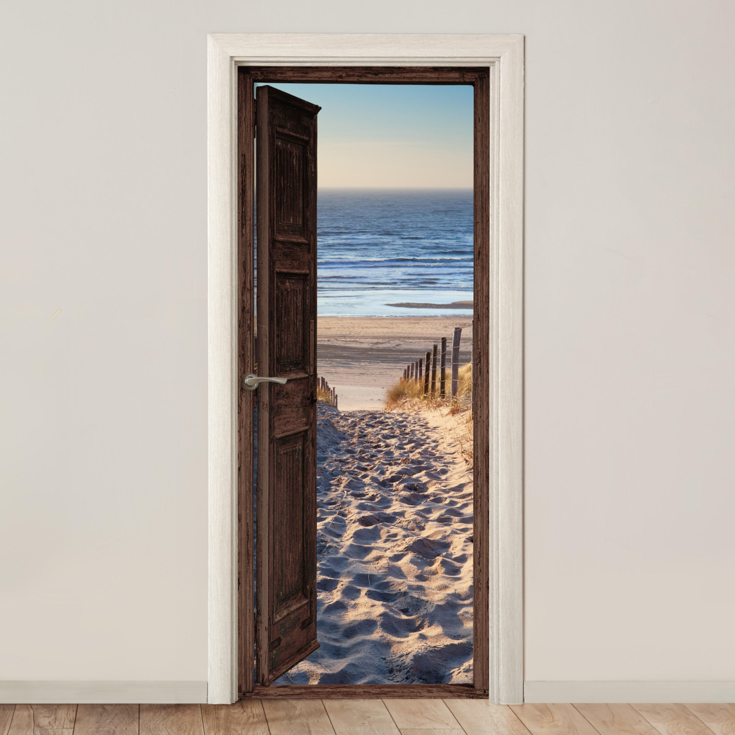 FOTOTAPETE Tür - Fensterblick - Strand - Meer - Weg - Dünen 95x215 cm - Sandfarben, Kunststoff (95/0.1cm) - MuchoWow