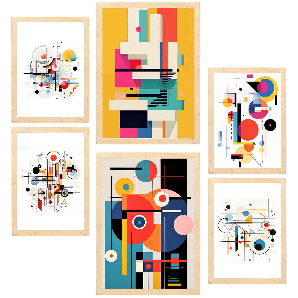 POSTER Set Mit 6 Bauhaus Rotblau Gelb Gerahmtes A3 & A4 Rahmen Aus Hellem Holz - Beige, Papier (29/3cm) - Nacnic