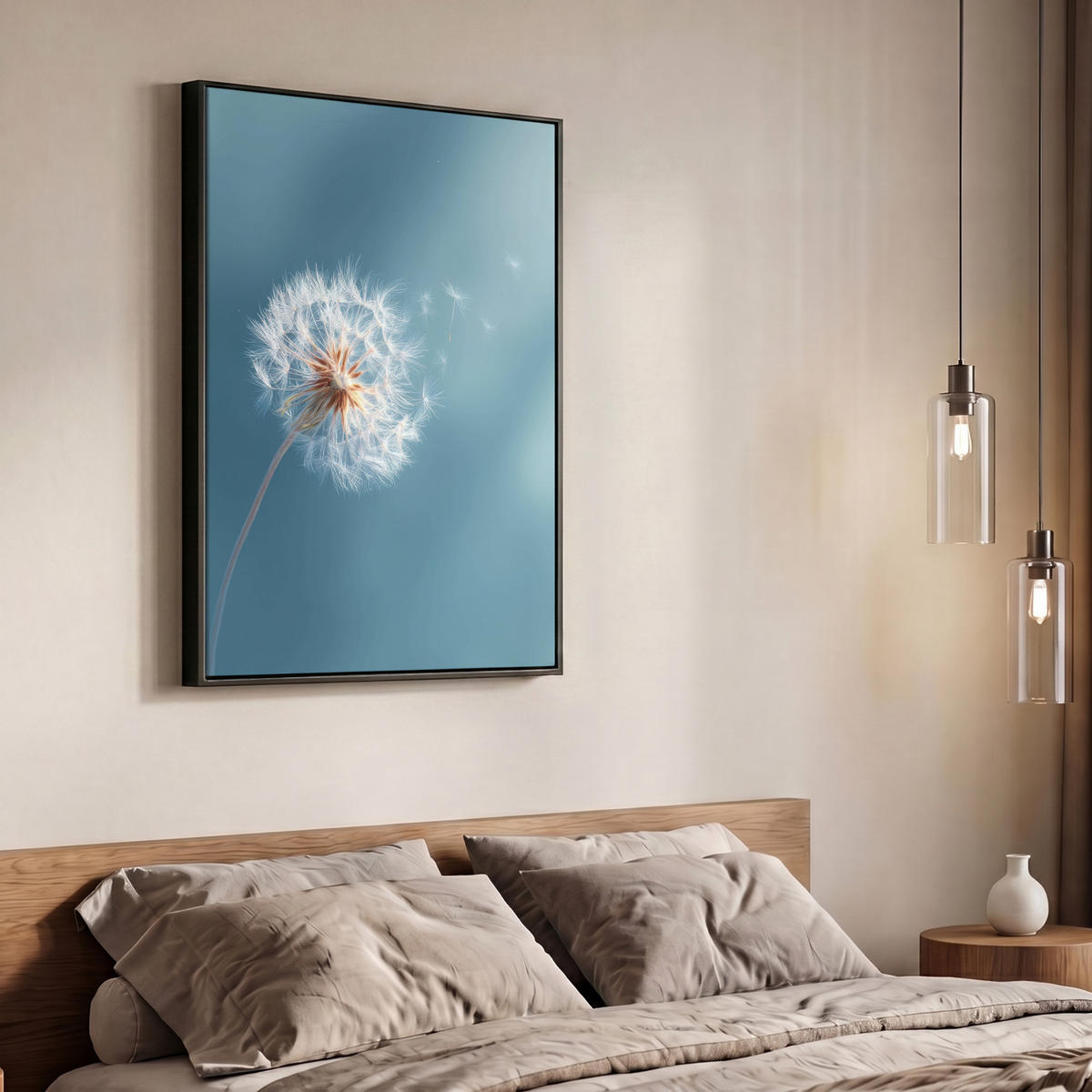 LEINWAND Bilder mit Rahmen - Löwenzahn - Wind - Blau - 70x100 - Blaugrau, Textil (70/100cm) - MuchoWow