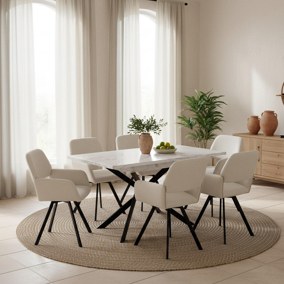 TISCHGRUPPE 7-teilig Ausziehtisch Marmoroptik Weiß & 6x 360° Drehstühle Beige - Schwarz/Weiß, Holzwerkstoff/Textil (160/77/80cm) - Urban Meuble