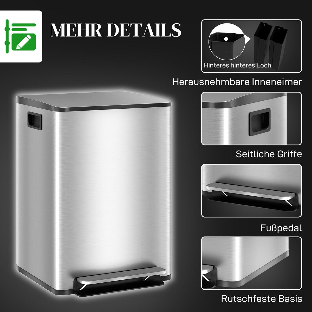 MÜLLEIMER MÜLLTRENNUNG 2X20L 41,8/36,7/58 cm Edelstahl Silber Tretmülleimer Küche - Silberfarben, Metall (36.7/58/41.8cm) - Rolipo