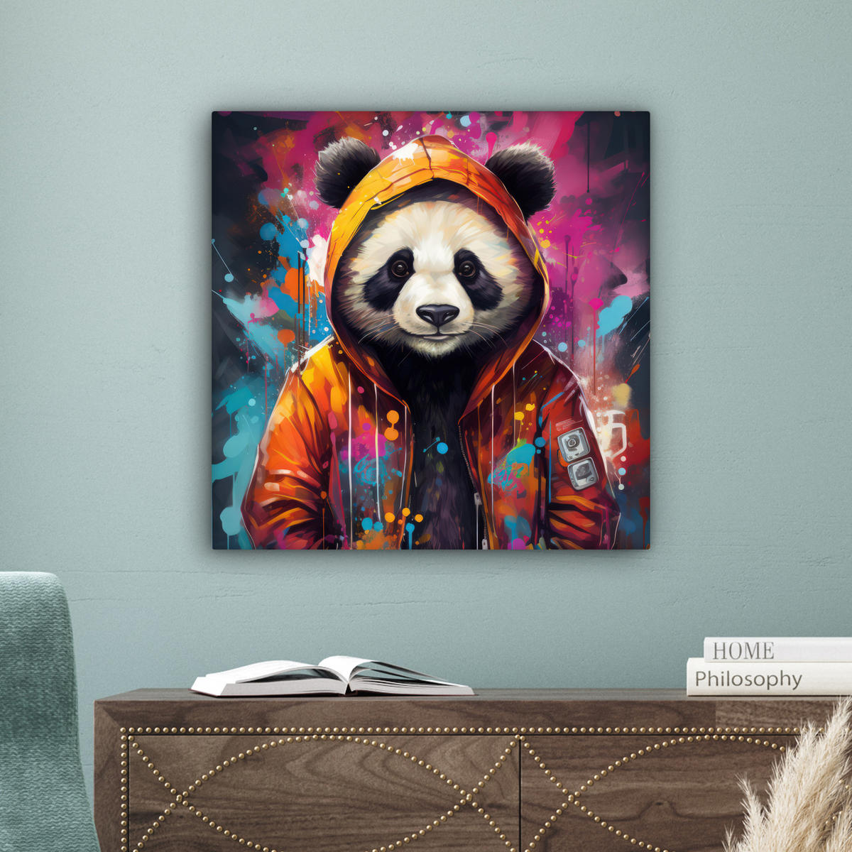 LEINWANDBILD Panda - Jacke - Graffiti - Orange Wandbild Wohnzimmer 50x50 cm - Orange, Textil (50/50cm) - MuchoWow