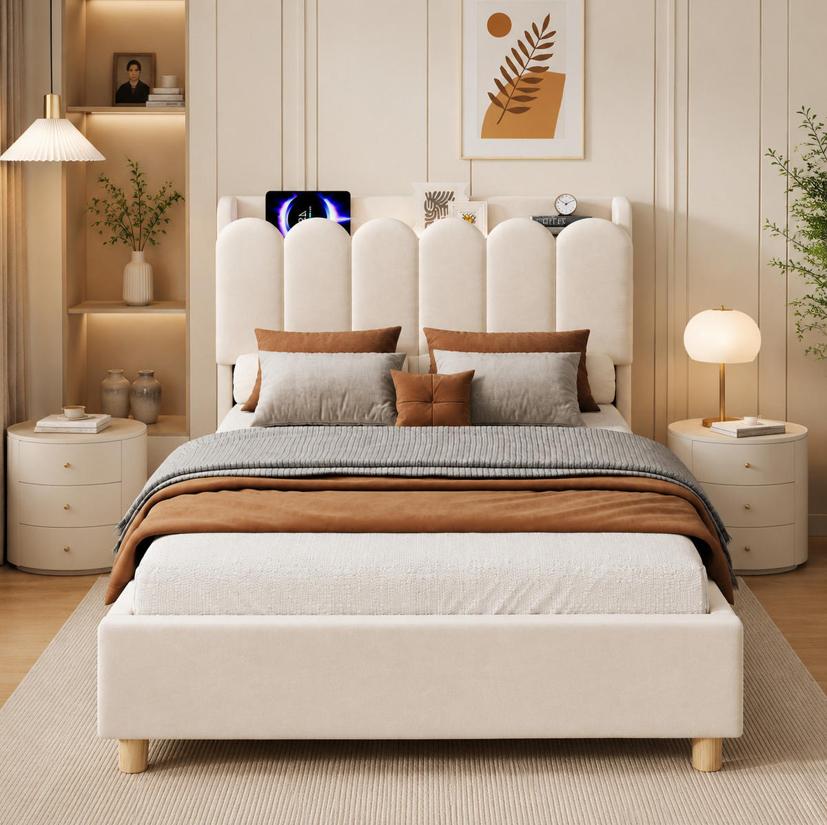 KINDER-POLSTERBETT 90x200 cm in Beige mit USB-/Type-C-Anschlüssen und Nachtlicht - Beige, Textil (90/200cm) - IVMEU