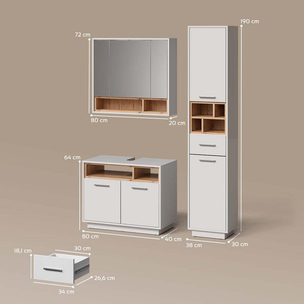 Thumbnail - Livinity® Badmöbel-Set, Weiß, Sonoma Eiche, Holzwerkstoff, 19 Fächer, 1 Schubladen, Rechteckig, 80x190x40 cm, Badezimmer...