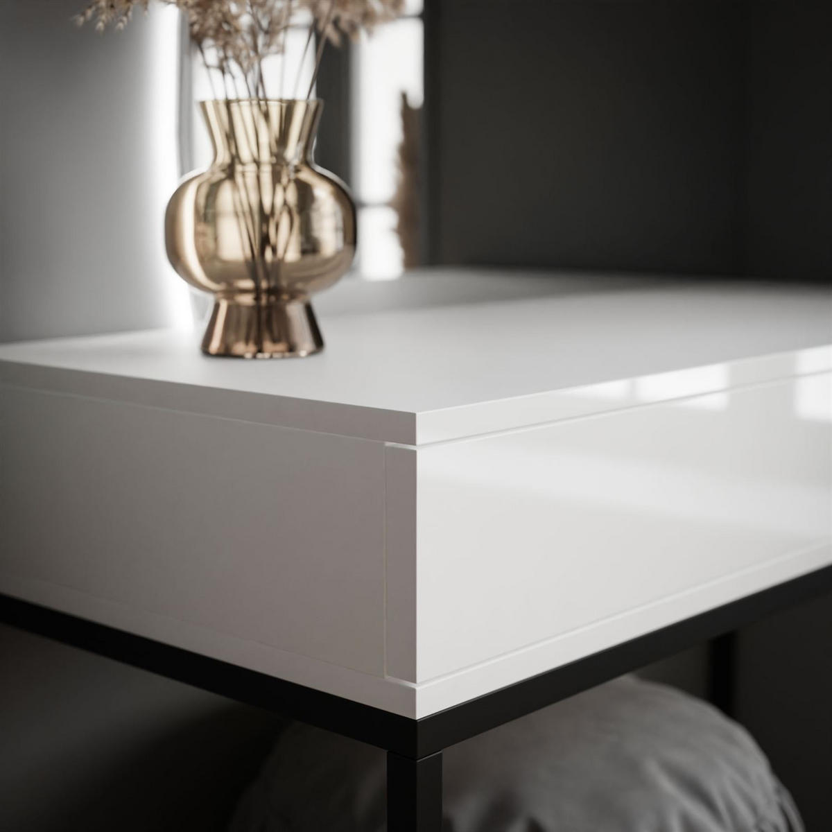 SCHMINKTISCH schwarz/weiß Hochglanz QUINNIE mit LED-Spiegel links PUSH OPEN - Weiß Hochglanz/Schwarz, Holzwerkstoff (100/176/42cm) - Lookway