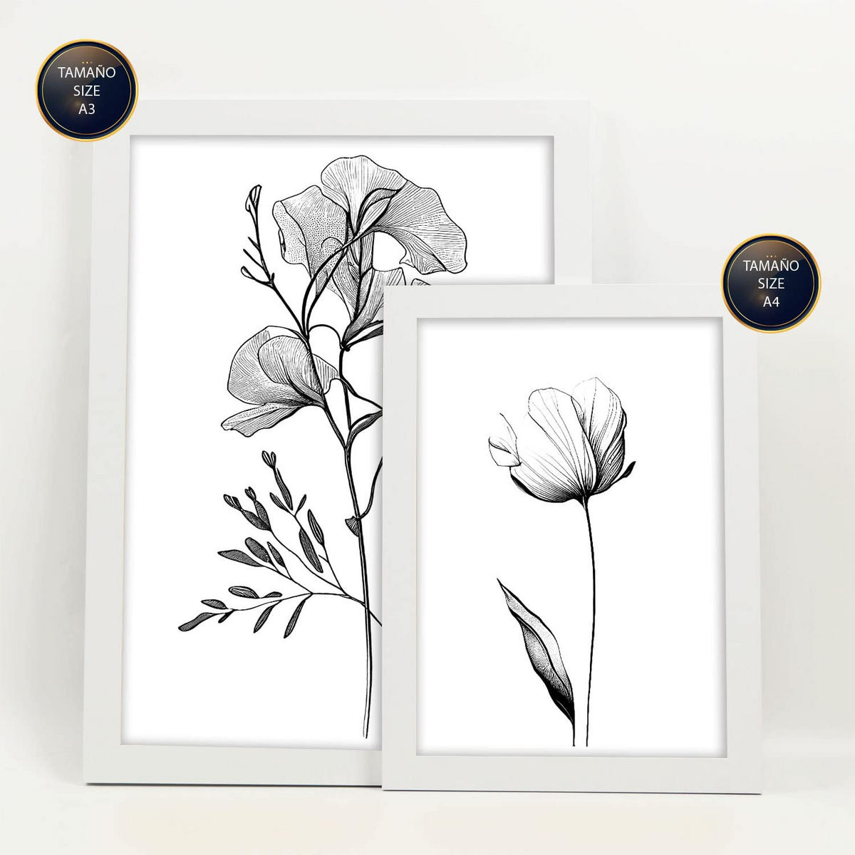 POSTER Set Mit 6 Üppige Blumen Natur Und Botanikdrucke Mit Blumenmotiven In Klassischem Schwarz Und Weiß Innenarchitektur A3 & A4 Weißer Rahmen - Weiß, Papier (29/3cm) - Nacnic