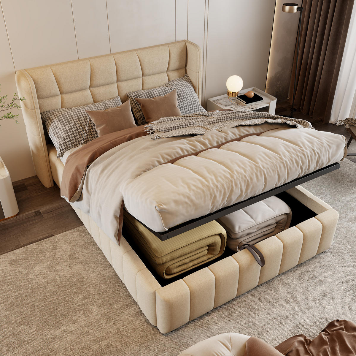 POLSTERBETT 140/200 cm aus Stoff mit Stauraum und gepolstertem Kopfteil Beige - Beige, Textil (140/200cm) - Modenvie