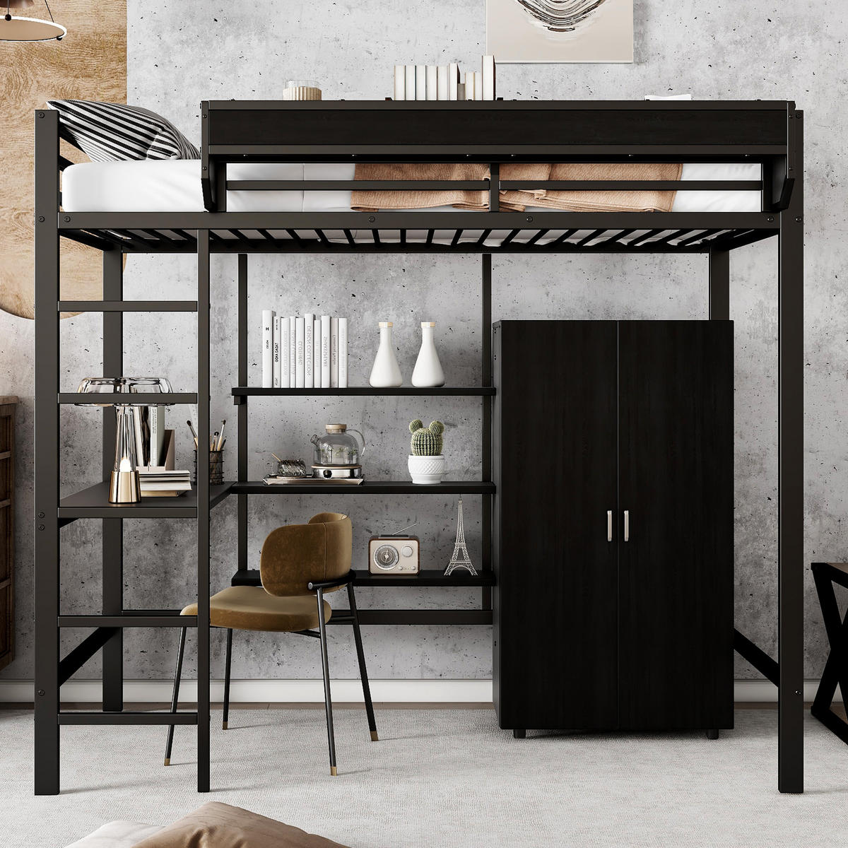 ETAGENBETT 90/200 cm in Schwarz mit Tisch, Kleiderschrank und Regal - Schwarz, Holzwerkstoff/Metall (90/200cm) - CHICFURN