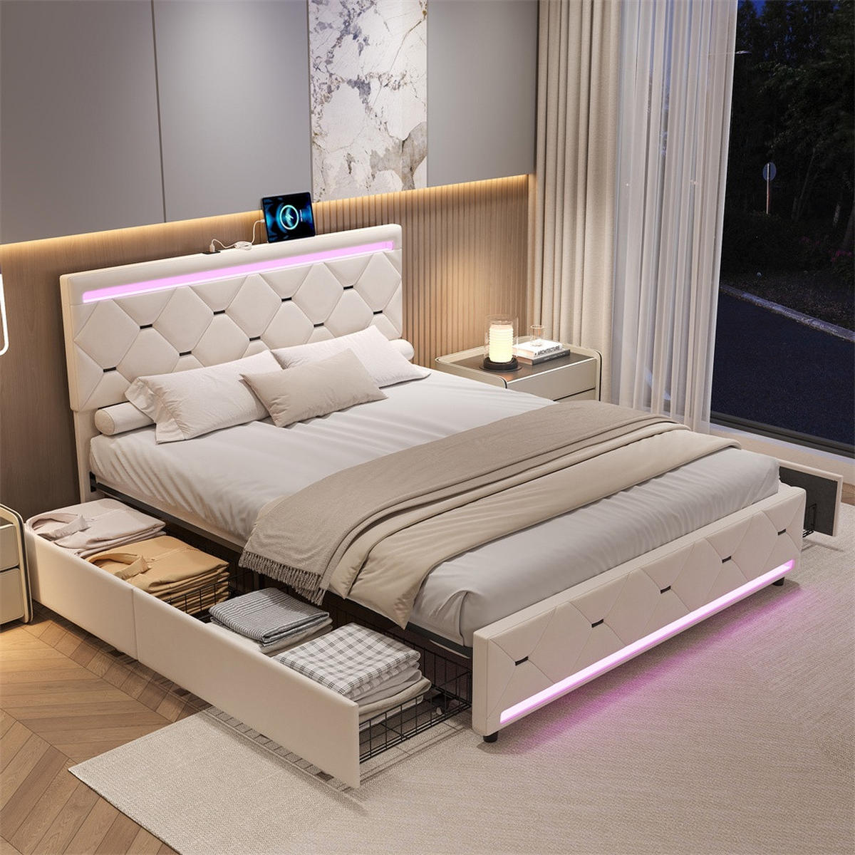 POLSTERBETT 140x200 cm - Doppelbett mit 4 Schubladen und LED-Beleuchtung an Kopfteil und Fußteil - ohne Matratze - Beige, Textil (140/200cm) - DELFA
