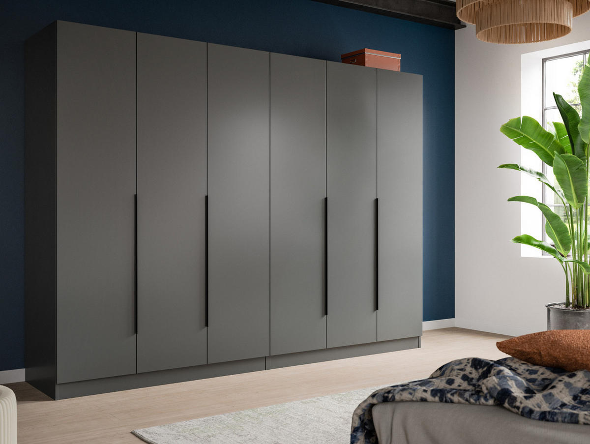 KLEIDERSCHRANK grau 6-türig 240 x 181 cm, Drehtürenschrank mit Kleiderstange - Schwarz/Grau, Holzwerkstoff/Kunststoff (240/181/52cm) - Inn.Furn