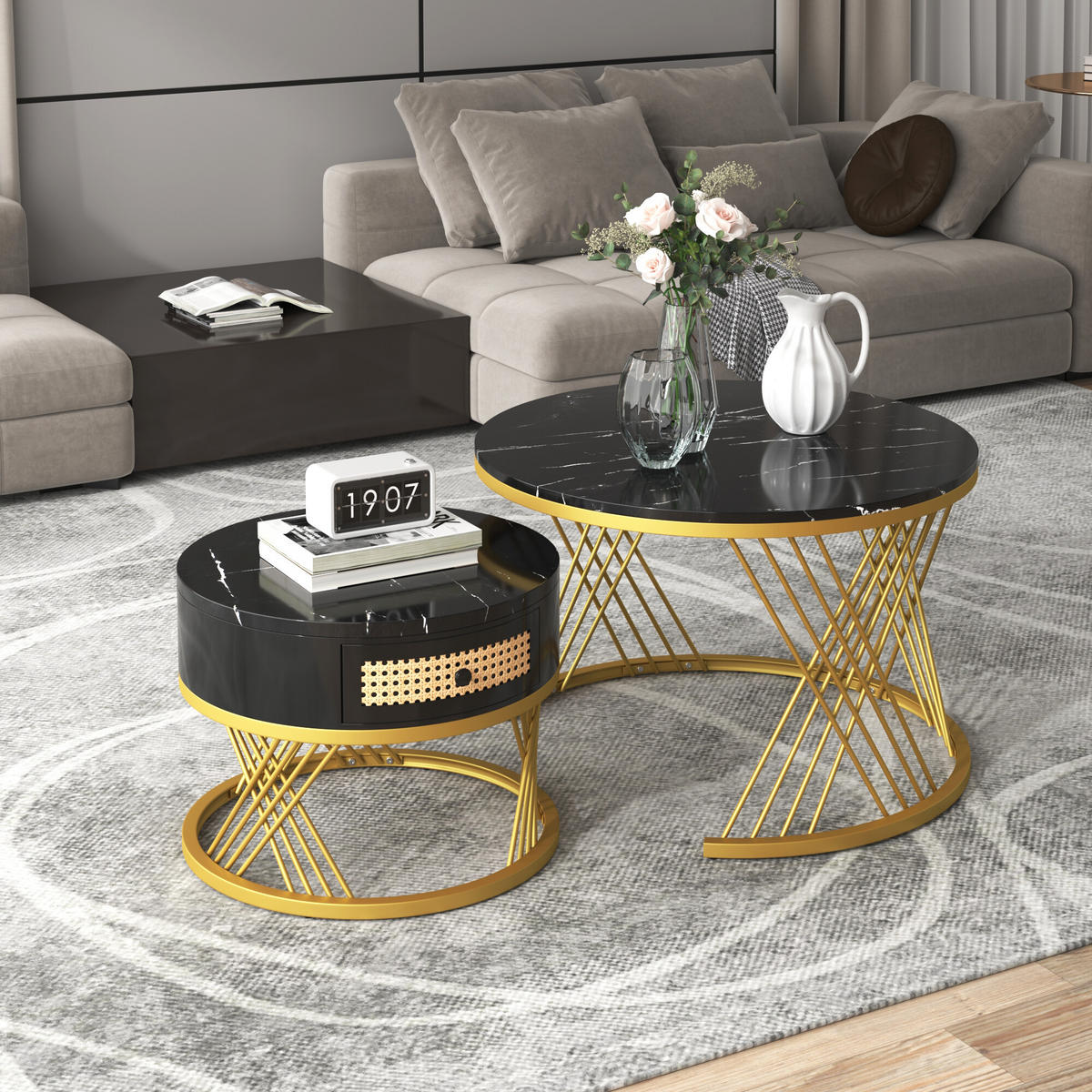 COUCHTISCHSET 2er-Set Rund Schwarz - Schwarz, Holzwerkstoff/Metall (70/70/45.5cm) - Urban Meuble