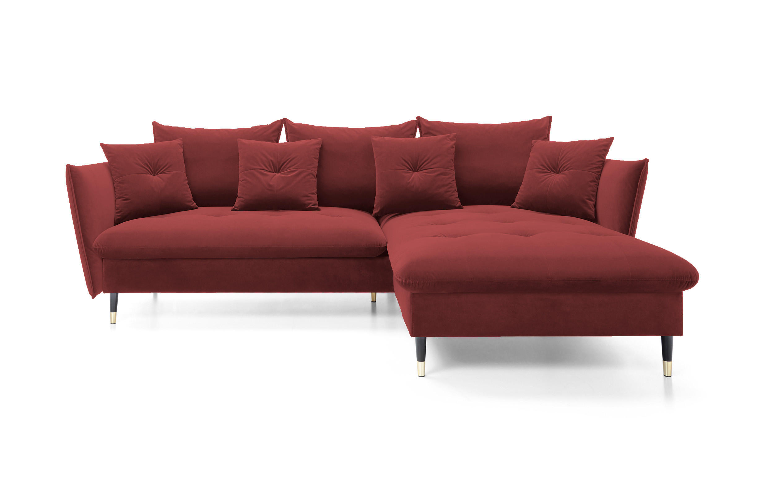 ECKSOFA GLAM mit Schlaffunktion, Ottomane & goldenen Füßen – Samtsofa im Glamour-Stil mit Zierkissen, 258x167x91 cm, rechte, burgunderrot​ - Bordeaux, Holz/Textil (258/167cm) - DomoHome
