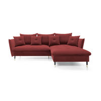 ECKSOFA GLAM mit Schlaffunktion, Ottomane & goldenen Füßen – Samtsofa im Glamour-Stil mit Zierkissen, 258x167x91 cm, rechte, burgunderrot​ - Bordeaux, Holz/Textil (258/167cm) - DomoHome