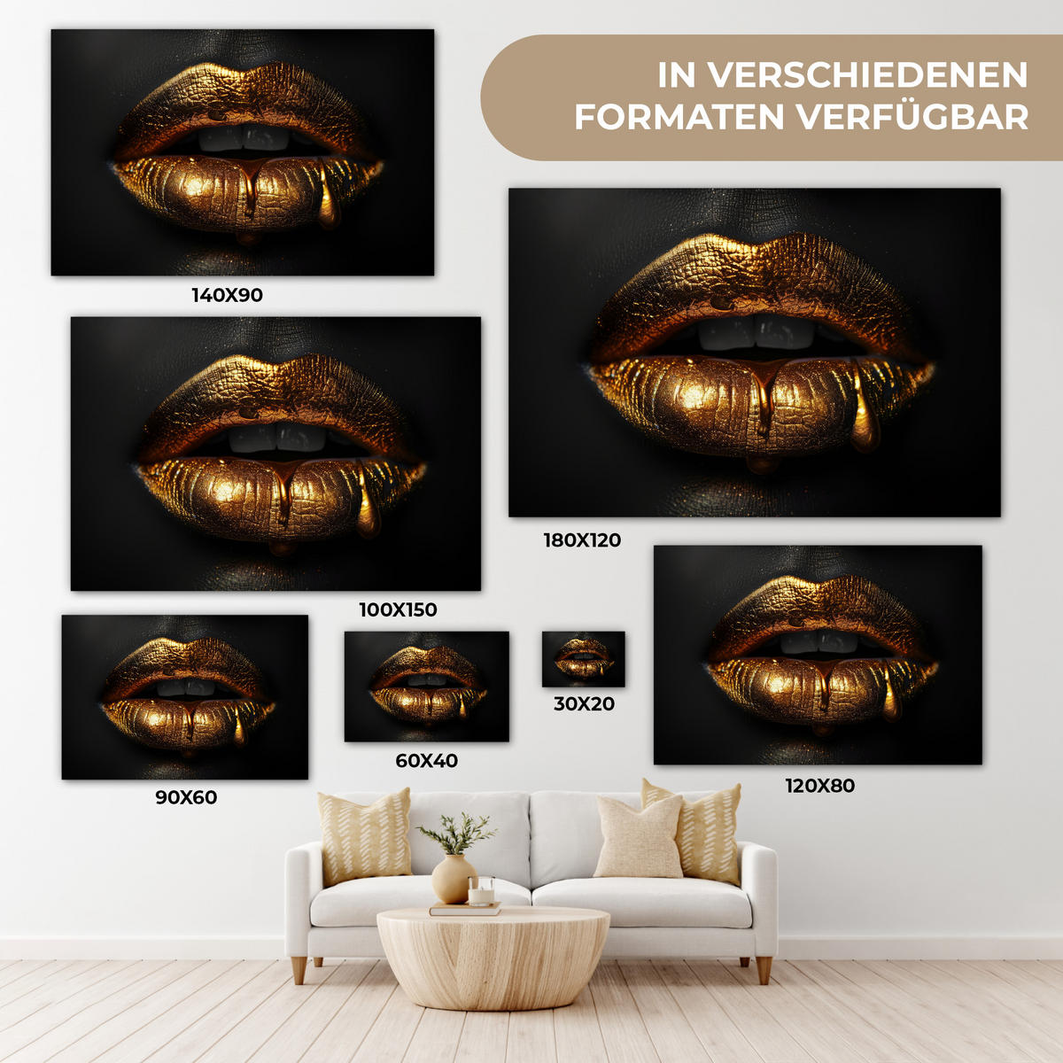 LEINWANDBILD Frau - Porträt - Lippen - Gold - Schwarz 30x20 cm - Schwarz, Textil (30/20cm) - MuchoWow