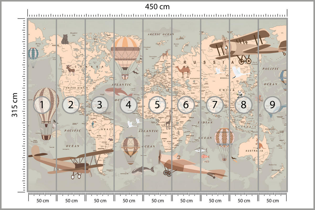 FOTOTAPETE für Kinderzimmer Retro Weltkarte Balony Flugzeuge 450x315 - Beige/Orange, Papier (450/315cm) - Muralo