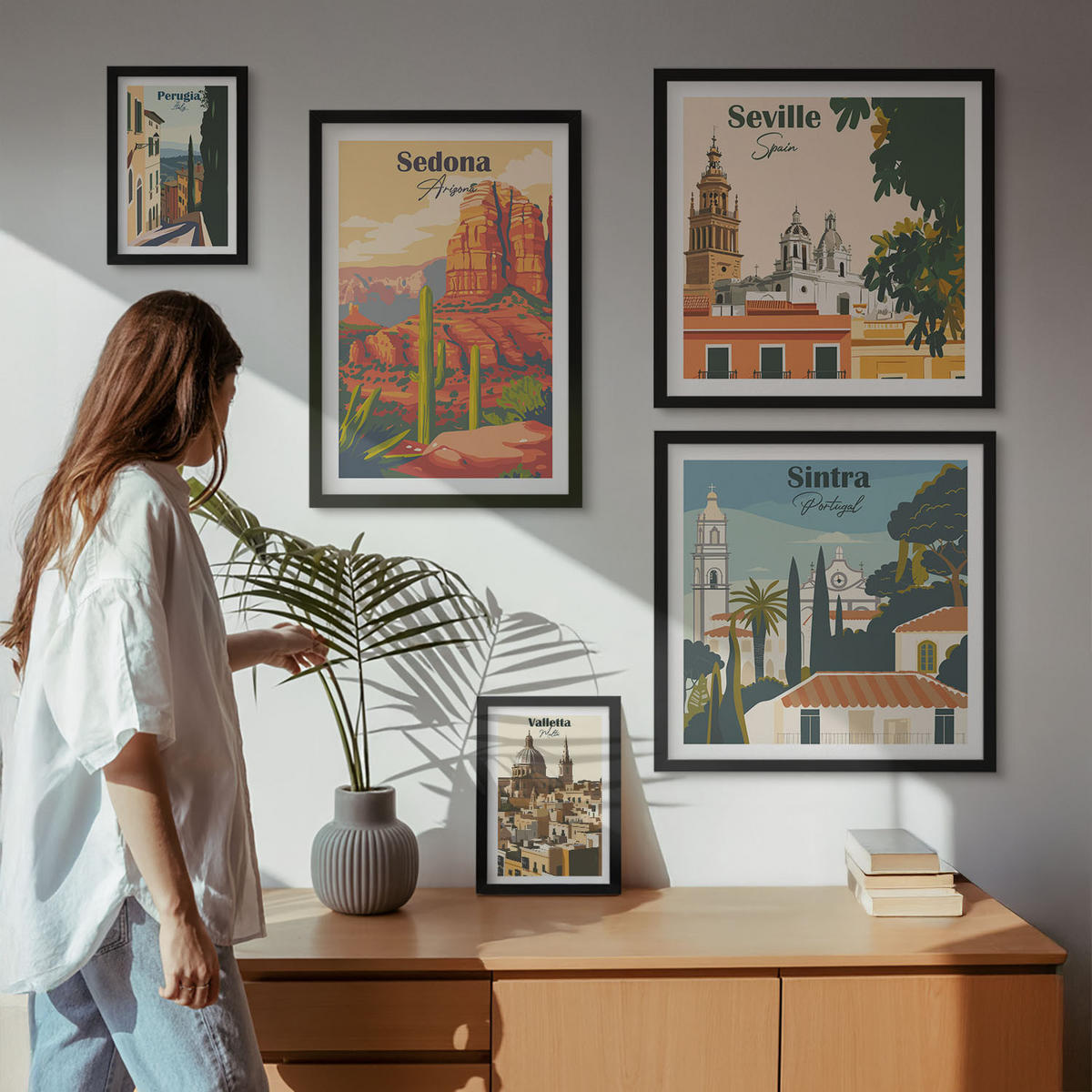 WANDBILDER 5er-Set - 50x50 cm & 20x30 cm & 40x60 cm Schwarzer Rahmen - Illustrationen von Küstenstädten - Schwarz, Kunststoff (40/60cm) - ArtPrintCave