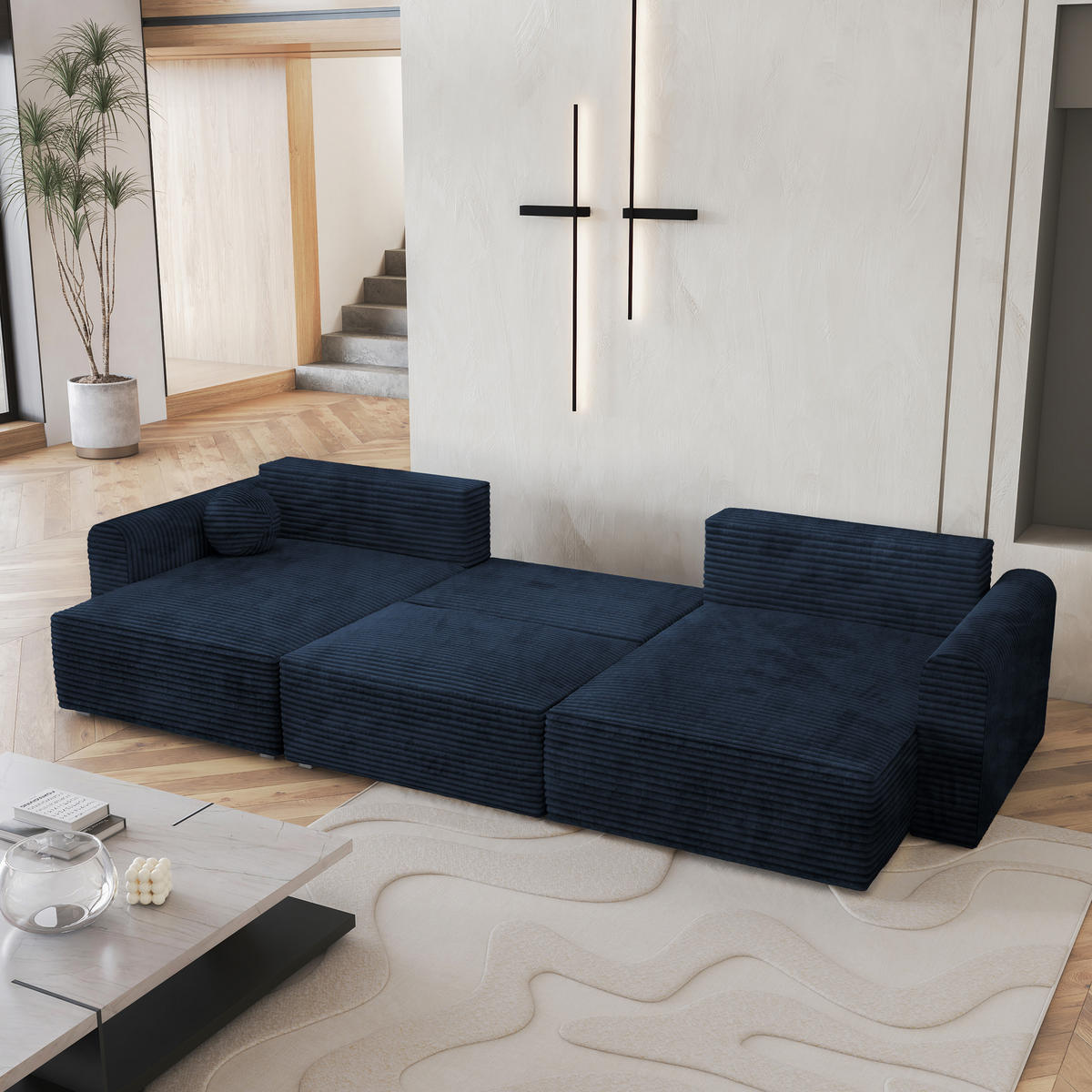 WOHNLANDSCHAFT FENTO Blau Kordstoff mit Schlaffunktion - Blau, Holz (347/90/148cm) - MASSENO