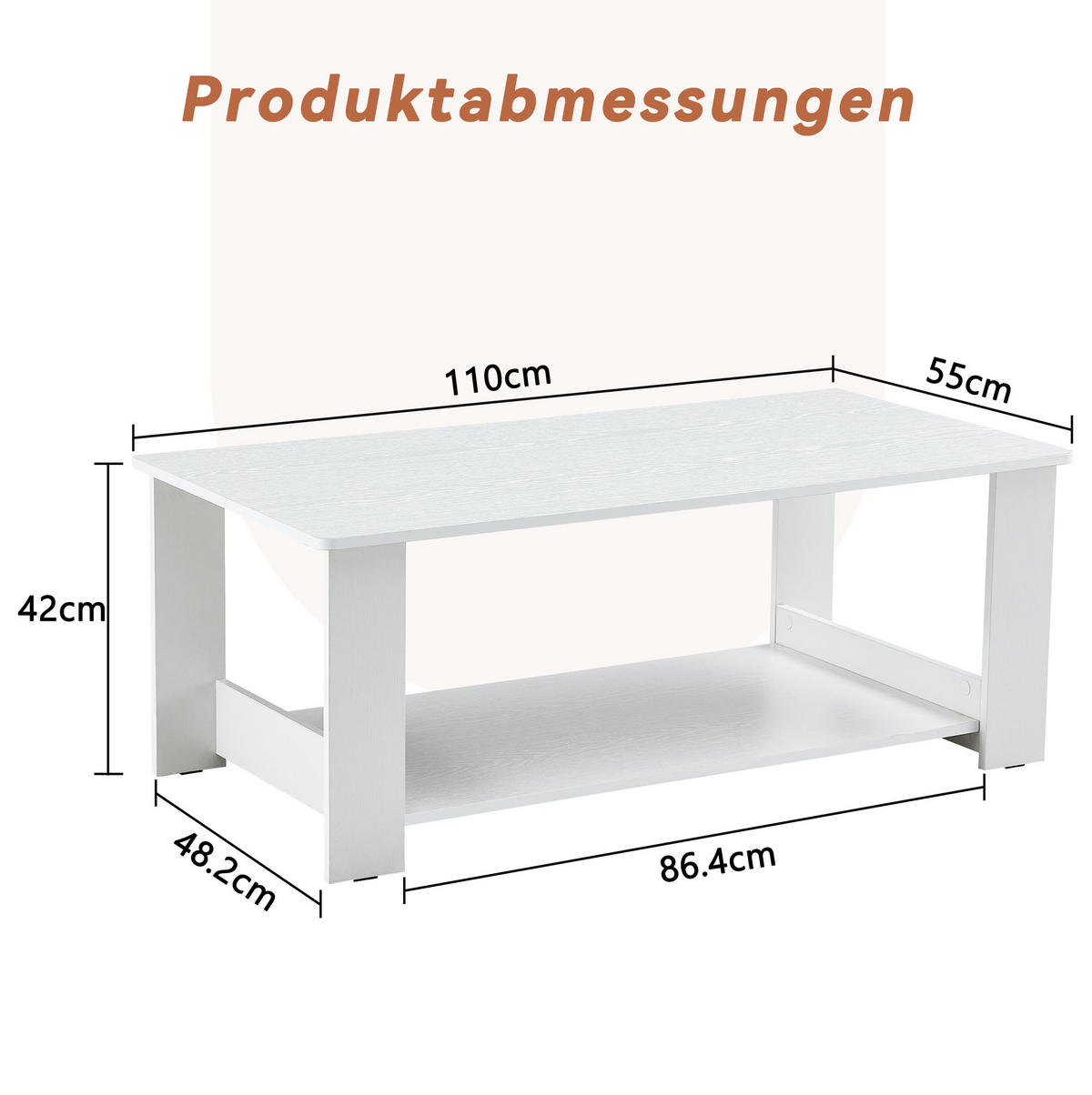 COUCHTISCH 110/55/42 cm mit 2 Ablageflächen und offener Stauraumlösung aus MDF, Holzoptik, Weiß - Weiß, Holzwerkstoff (110/55/42cm) - Redom