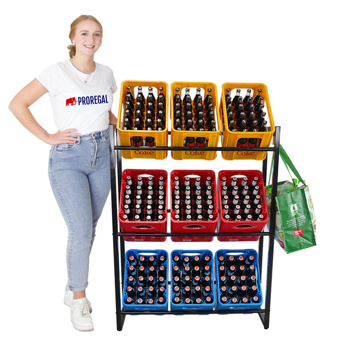 GETRÄNKEKISTENREGAL Königssee XL PLUS mit Auflageträger 137x105x32 9 Kisten auf 3 Ebenen Schwarz - Schwarz, Metall (105/137/32cm) - PROREGAL