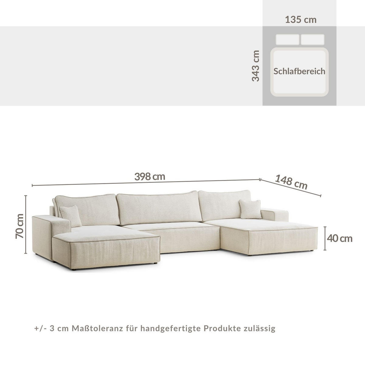 WOHNLANDSCHAFT Deseo Ecru-Beige Chenille-Stoff - Ecru/Beige, Holz/Holzwerkstoff (398/70/148cm) - Maison de Reve