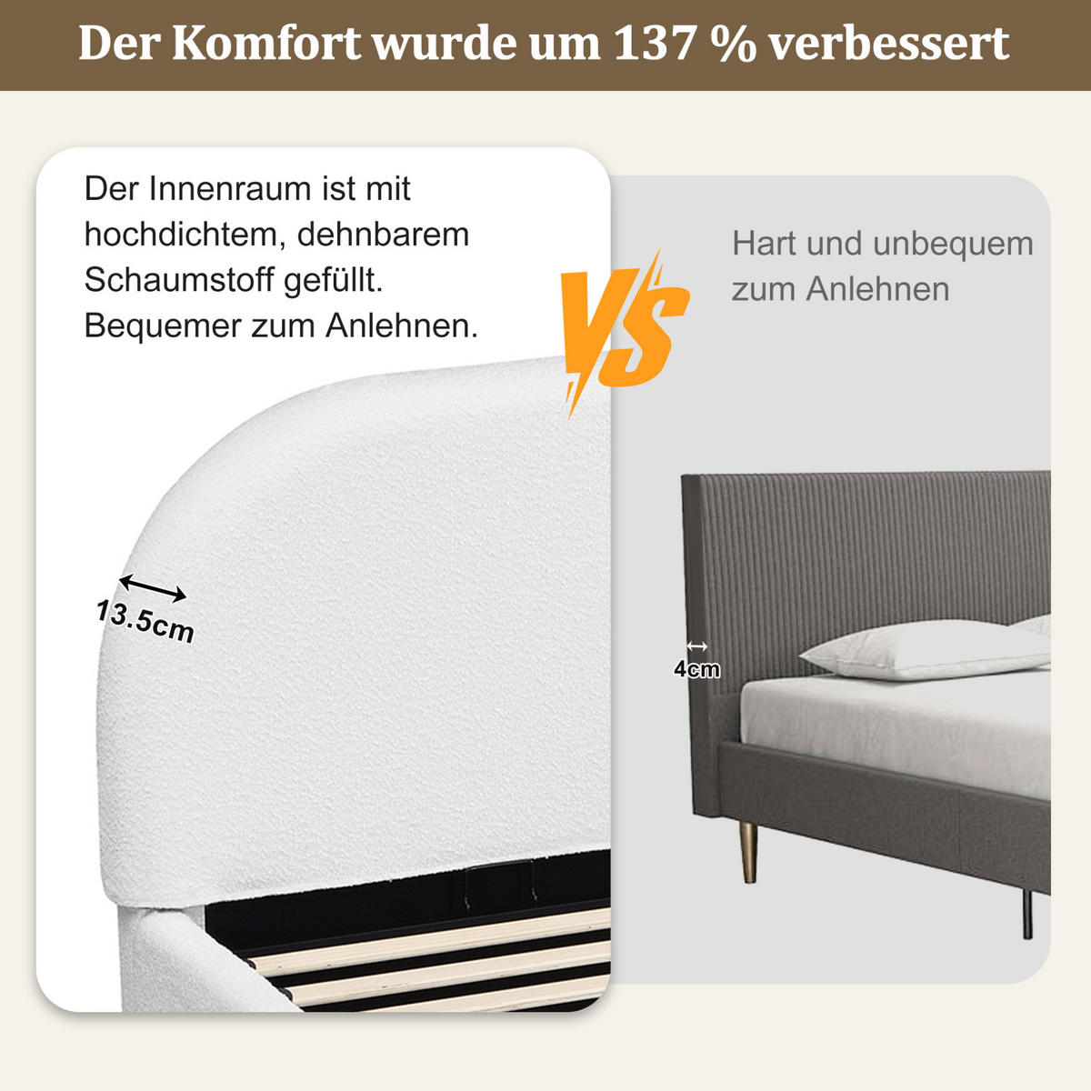 BETT mit Lattenrost Bouclé Beige - Beige, Metall (180/200cm) - Meubliv