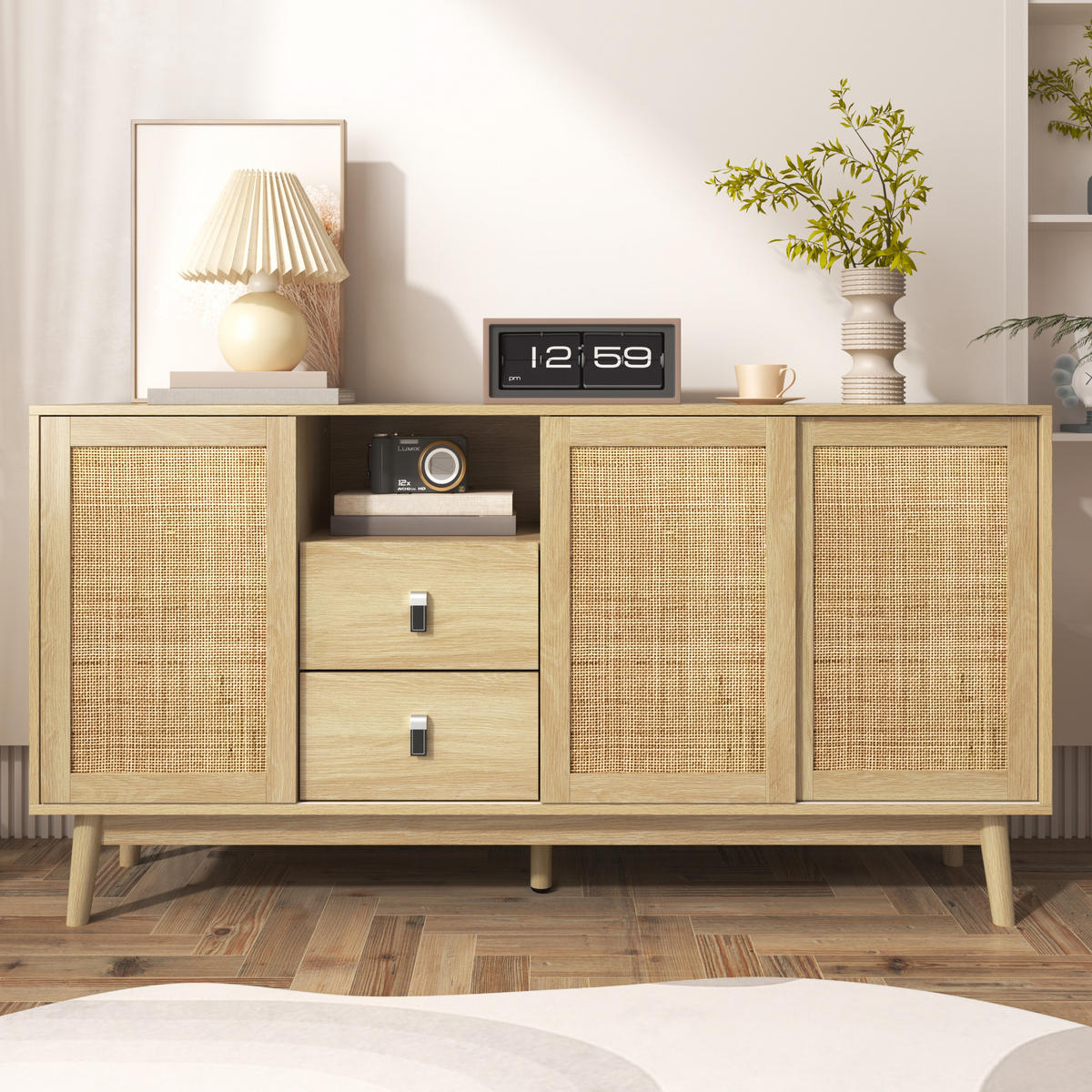 SIDEBOARD aus MDF/Spanplatte mit Rattan-Schiebetüren und 2 Schubladen, 155/38/80 cm，Naturfarben - Naturfarben, Holzwerkstoff (38/80/155cm) - Redom