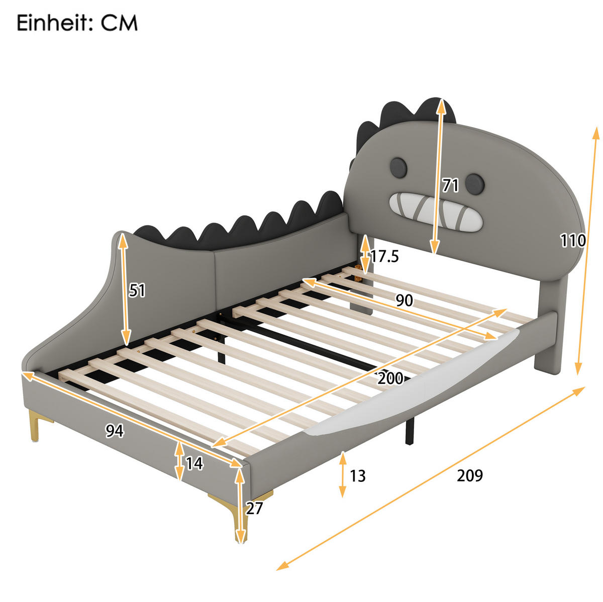 DETSKÁ posteľ 90/200 cm sivá s dinosaurím čelom z PU a MDF - sivá, plast (90/200cm) - OKWISH