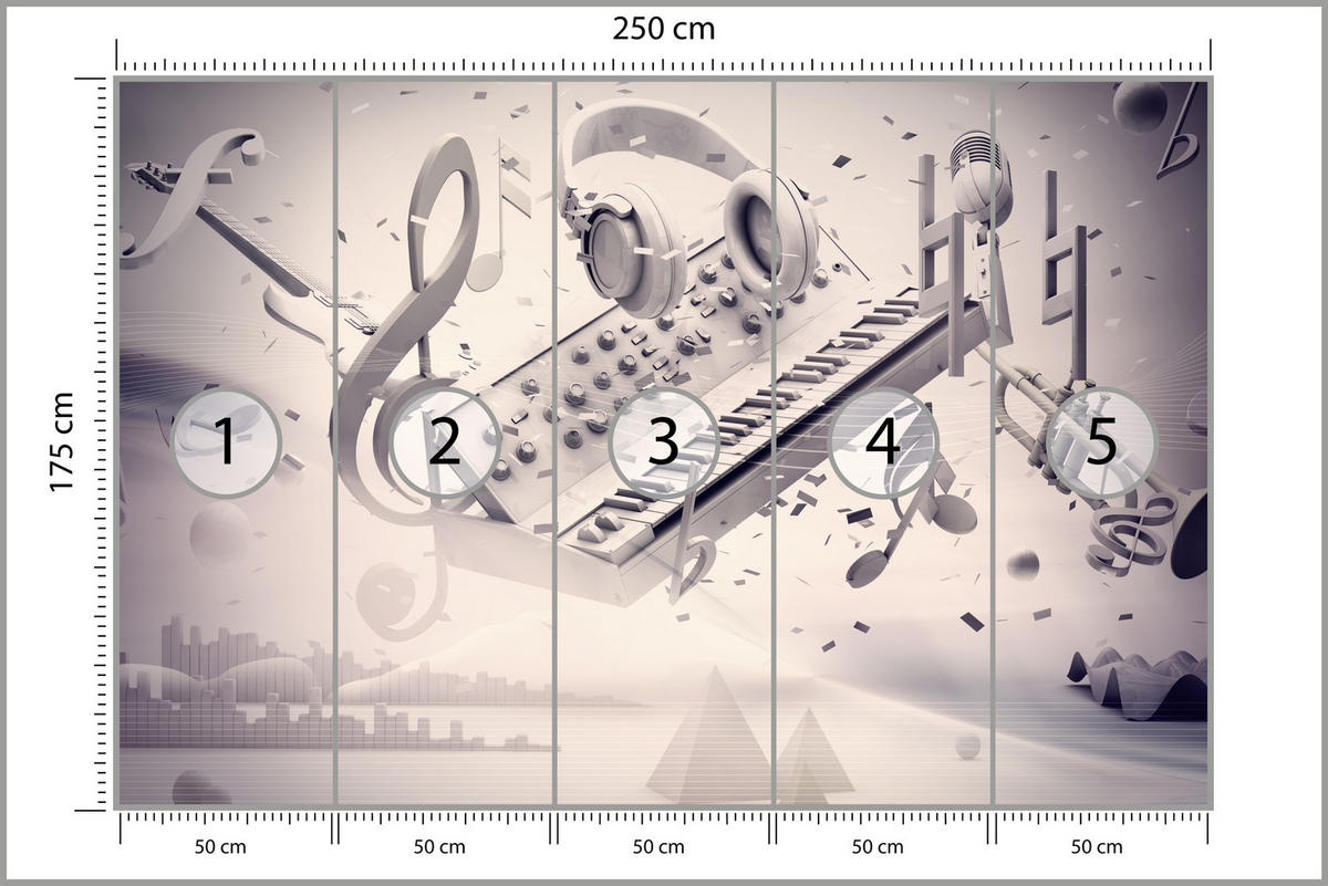 FOTOTAPETE für Jugendzimmer Modern Kollage Musik Klavier Noten Kopfhörer 250x175 - Grau, Papier (250/175cm) - Muralo