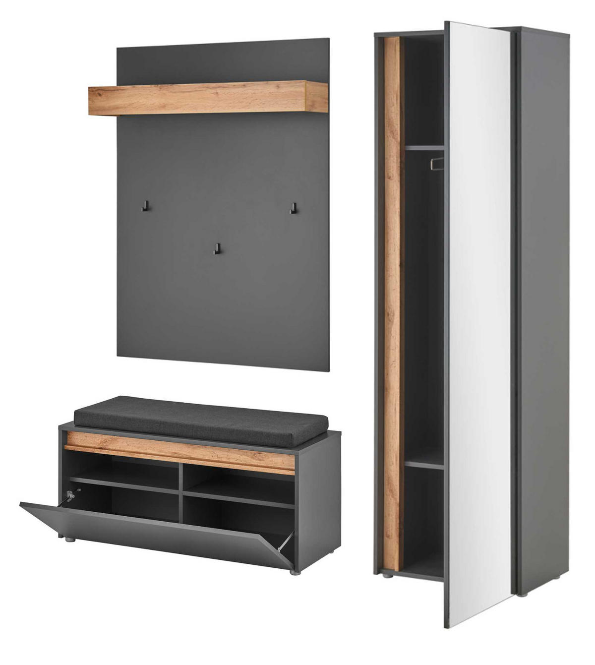 GARDEROBEN-SET 4-teilig grau, Eiche Wotan 170 cm, Garderobenkombination inklusive Sitzkissen - Silberfarben/Eiche Wotan, Glas/Holzwerkstoff (170/200/40cm) - Furn.Design