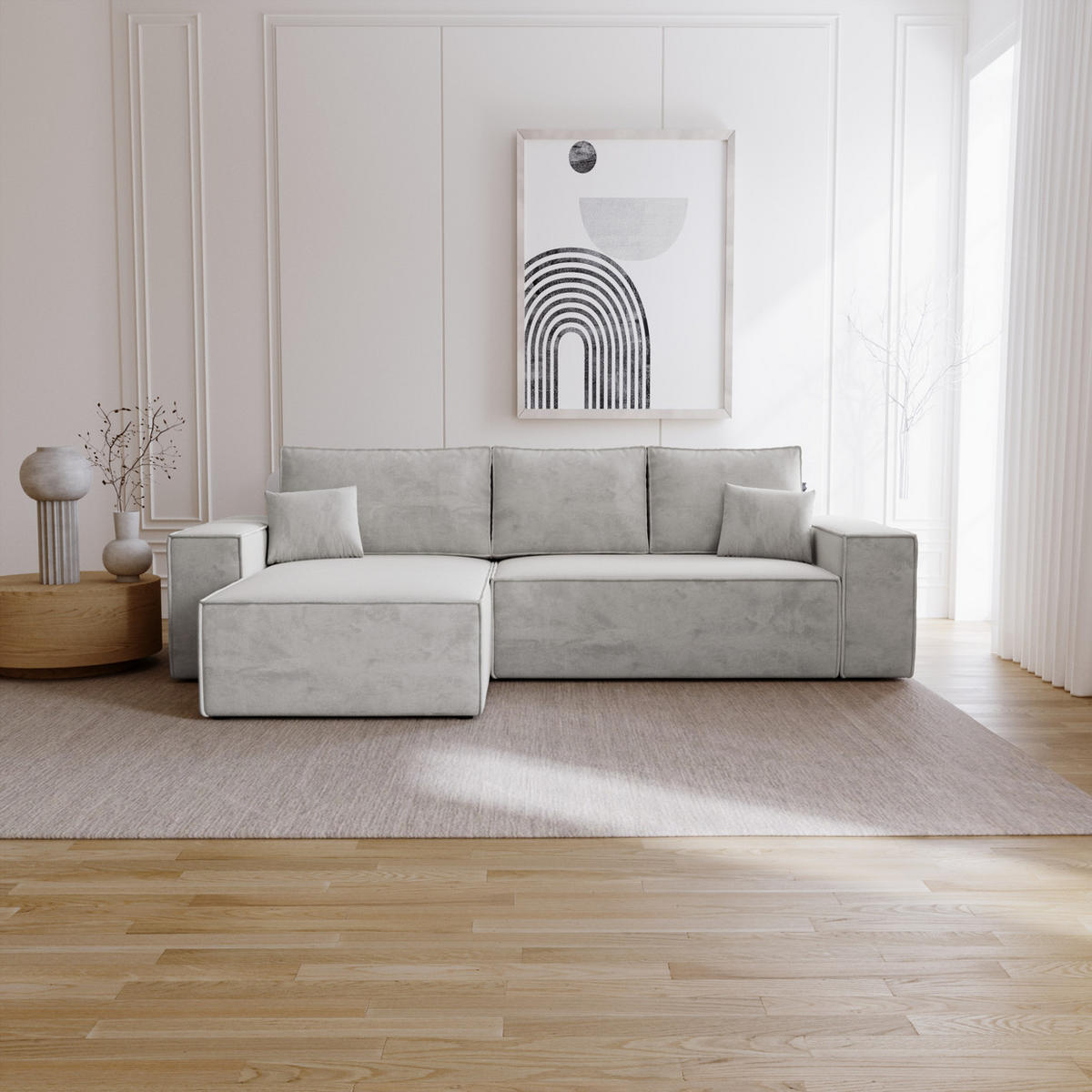 ECKSOFA mit Schlaffunktion Bergamo L 280 cm, Samt, Links - Hellgrau - Hellgrau, Holz (277/189cm) - Emporius