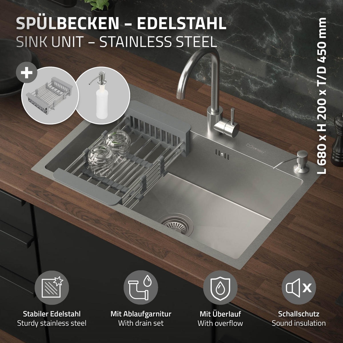 SPÜLBECKEN Edelstahl 68/45cm - Silberfarben, Metall (45/20/68cm) - ML-DESIGN
